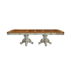 Table de salle à manger 305 cm, double piédestal orné, perle antique et chêne cerisier, 8 places