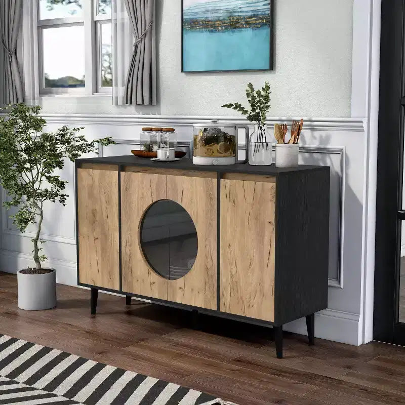 Bahut style Mid-Century Modern, chêne clair et noir, portes vitrées, 119 cm de large