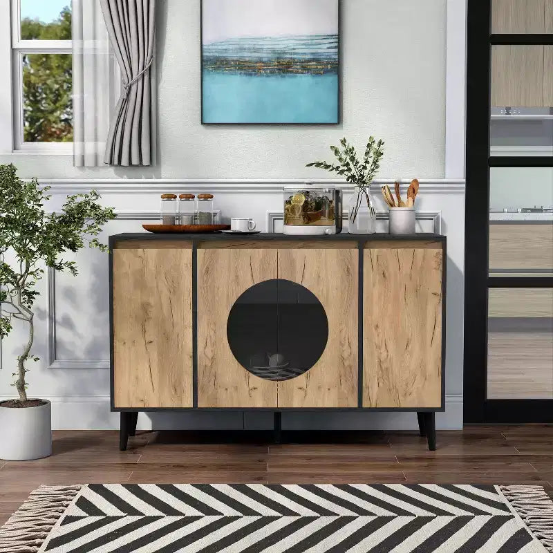 Bahut style Mid-Century Modern, chêne clair et noir, portes vitrées, 119 cm de large