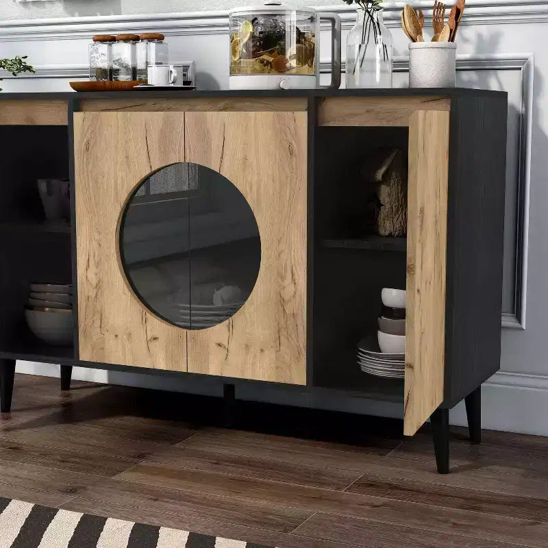 Bahut style Mid-Century Modern, chêne clair et noir, portes vitrées, 119 cm de large