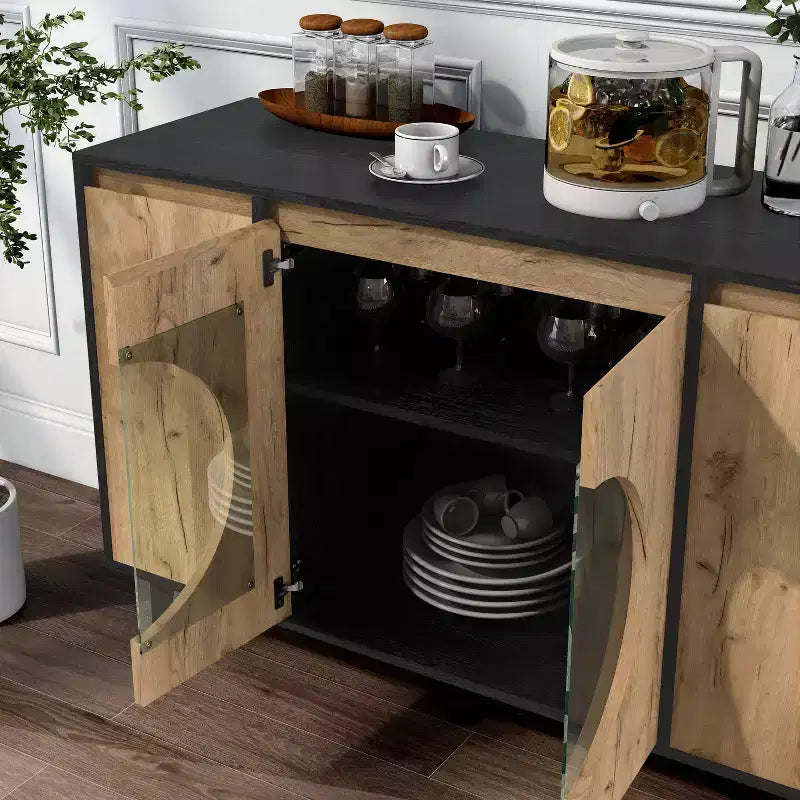 Bahut style Mid-Century Modern, chêne clair et noir, portes vitrées, 119 cm de large