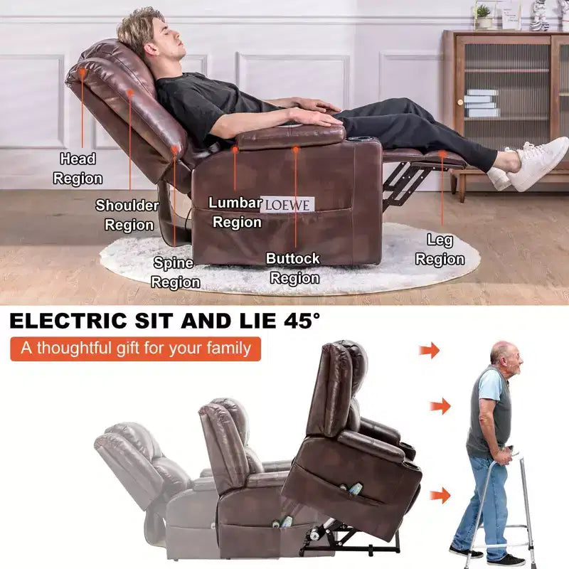Fauteuil inclinable massant Power Lift chauffant en similicuir, marron