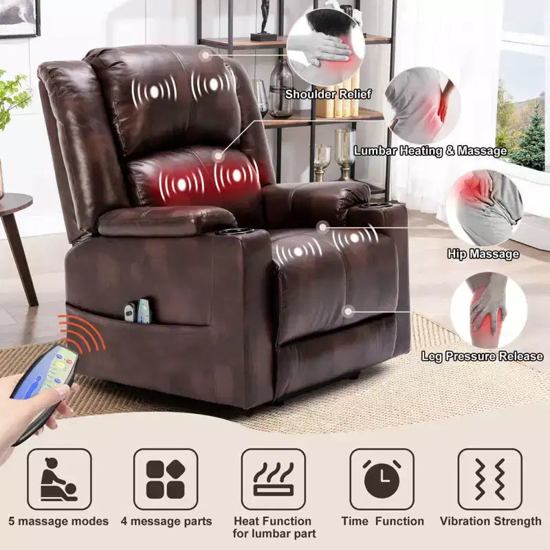 Fauteuil inclinable massant Power Lift chauffant en similicuir, marron