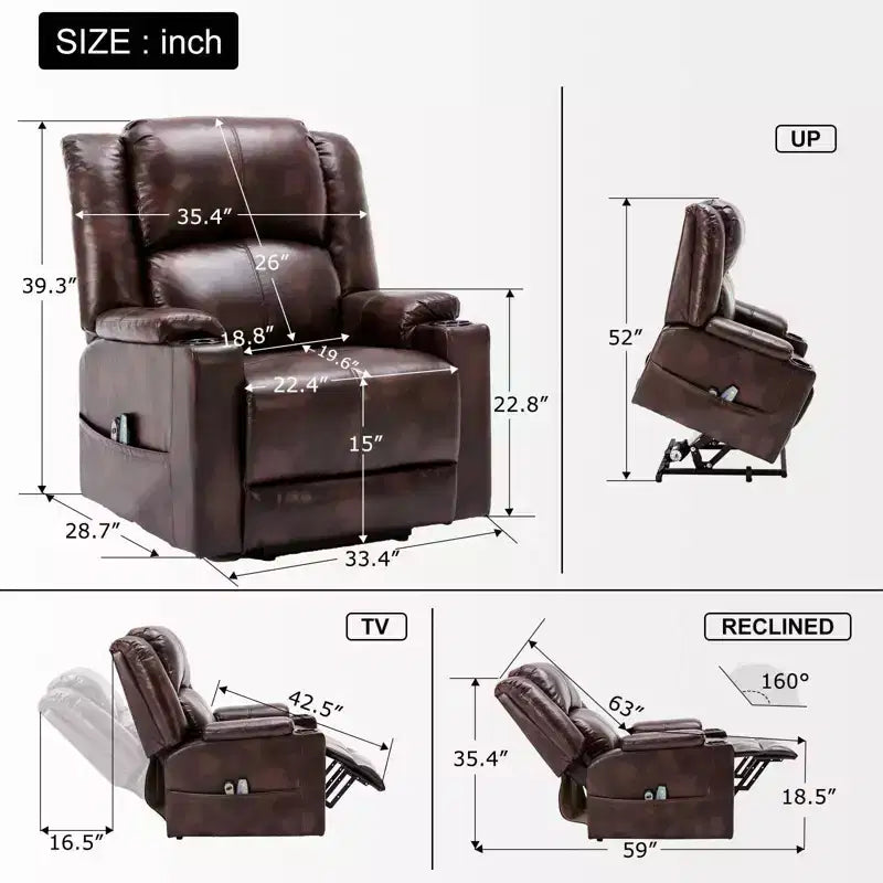 Fauteuil inclinable massant Power Lift chauffant en similicuir, marron