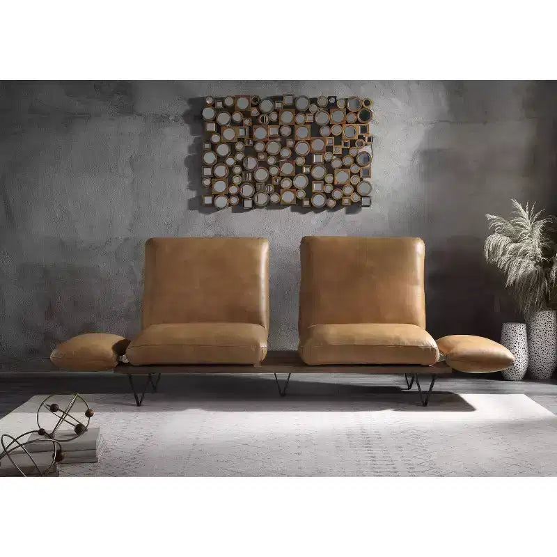 Canapé en cuir pleine fleur de 223,5 cm avec assise pivotante, dossier réglable et 2 oreillers