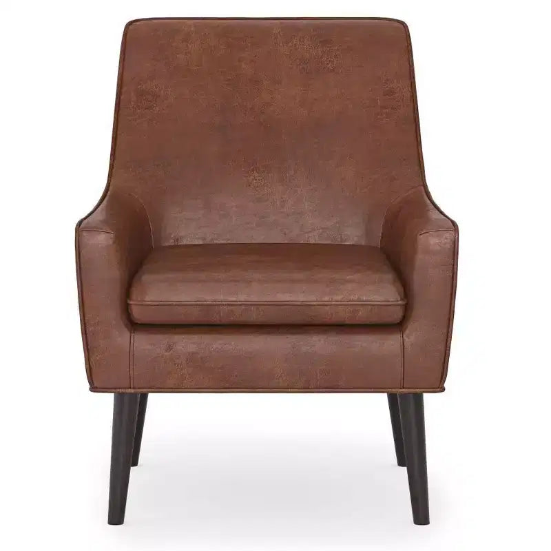 Fauteuil d'appoint en similicuir avec pieds en bois d'hévéa, marron vieilli