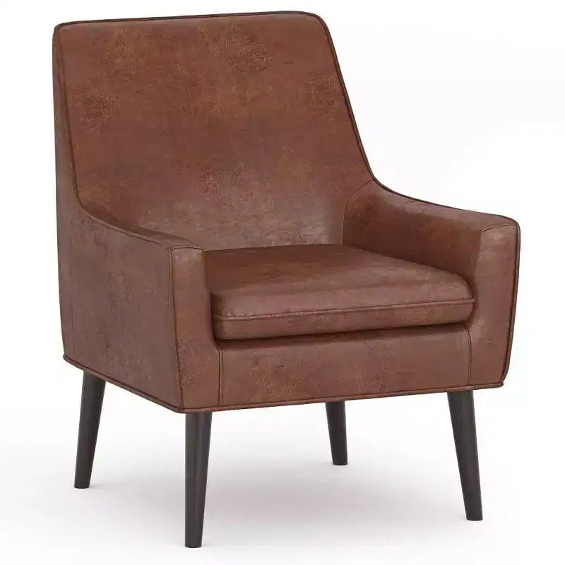 Fauteuil d'appoint en similicuir avec pieds en bois d'hévéa, marron vieilli