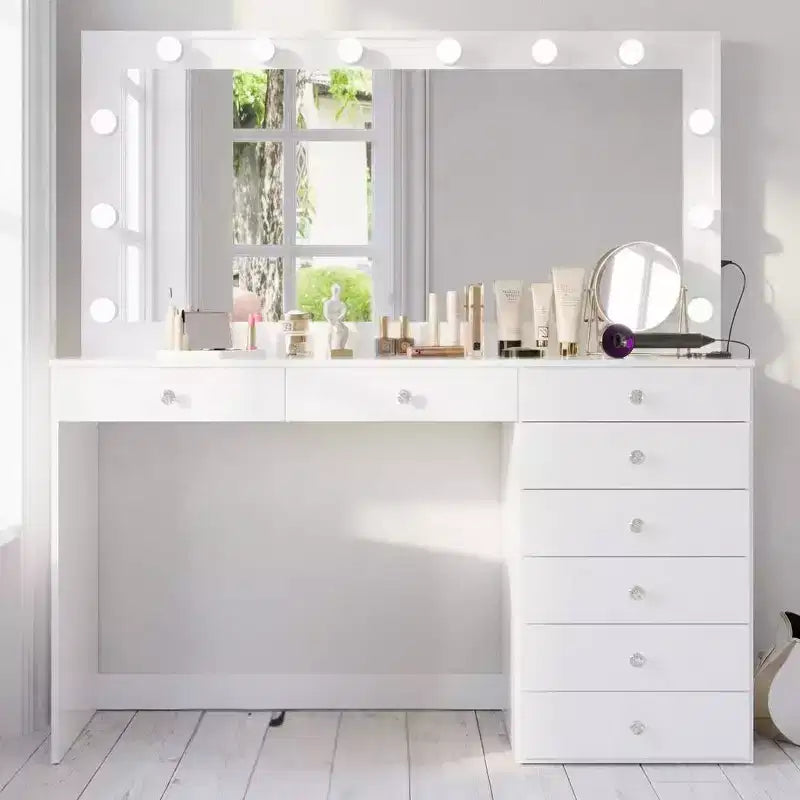 Johanna Lighted Crystal Ball Knobs Makeup Vanity White - Boahaus: Hollywood Mirror, 8 Drawers, USB Port