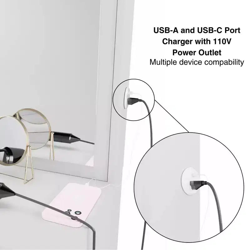 Coiffeuse Hollywood avec 12 lumières LED, 8 tiroirs, port USB, blanche, 155 cm de hauteur