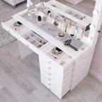 Coiffeuse Hollywood avec 12 lumières LED, 8 tiroirs, port USB, blanche, 155 cm de hauteur