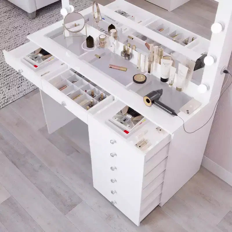 Coiffeuse Hollywood avec 12 lumières LED, 8 tiroirs, port USB, blanche, 155 cm de hauteur