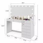 Coiffeuse Hollywood avec 12 lumières LED, 8 tiroirs, port USB, blanche, 155 cm de hauteur