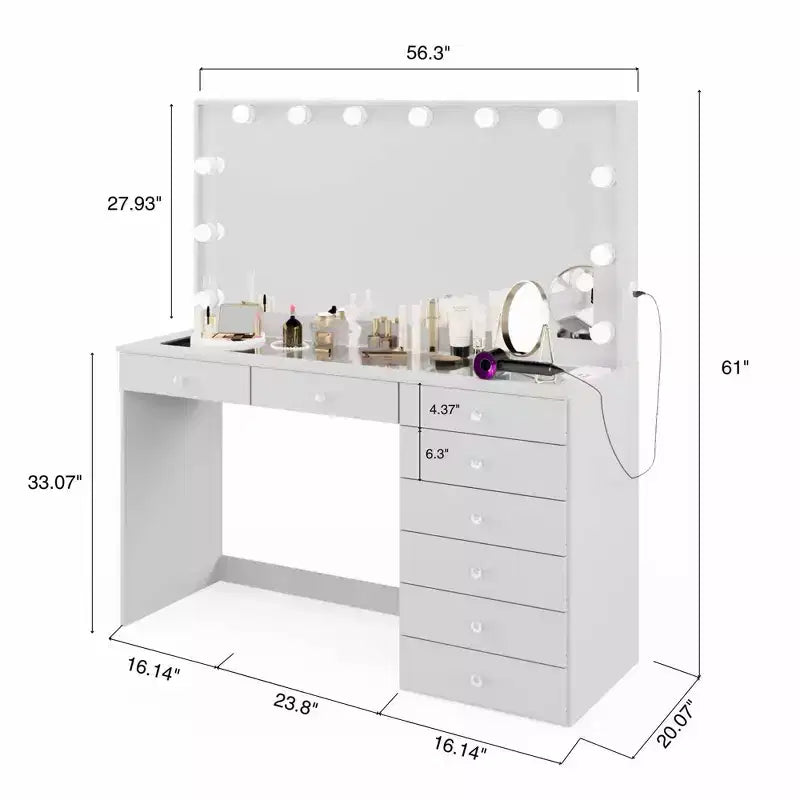 Coiffeuse Hollywood avec 12 lumières LED, 8 tiroirs, port USB, blanche, 155 cm de hauteur