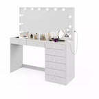 Coiffeuse Hollywood avec 12 lumières LED, 8 tiroirs, port USB, blanche, 155 cm de hauteur