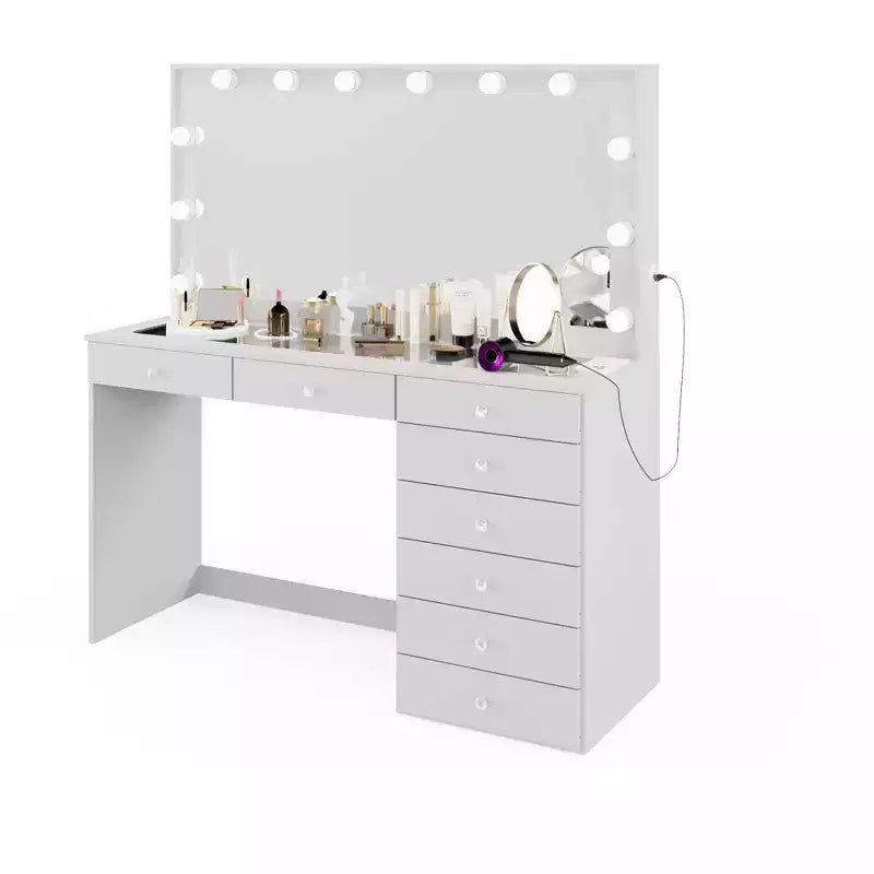 Coiffeuse Hollywood avec 12 lumières LED, 8 tiroirs, port USB, blanche, 155 cm de hauteur