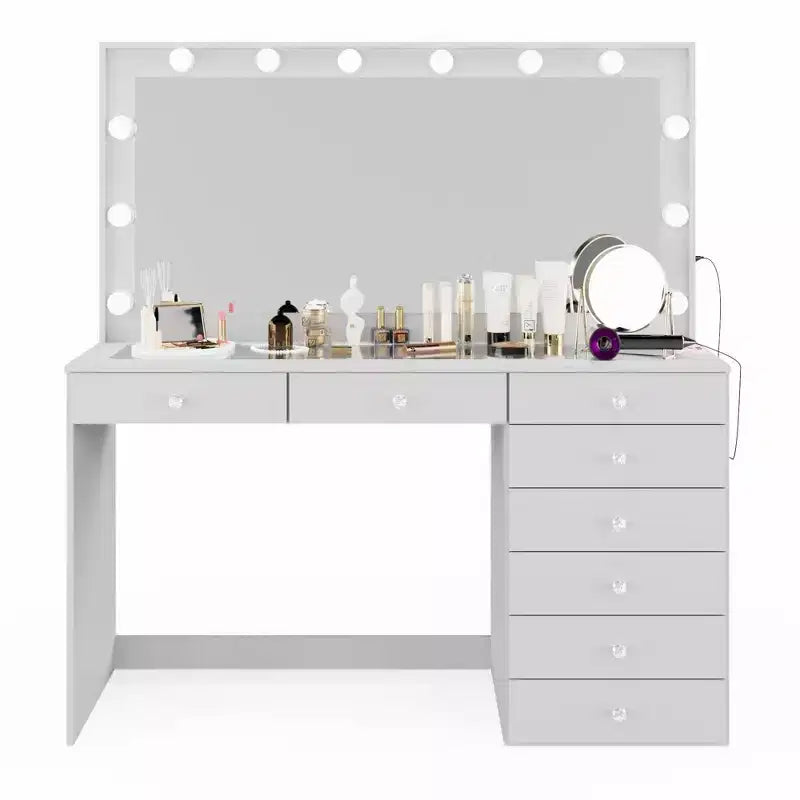 Coiffeuse Hollywood avec 12 lumières LED, 8 tiroirs, port USB, blanche, 155 cm de hauteur
