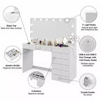 Coiffeuse Hollywood avec 12 lumières LED, 8 tiroirs, port USB, blanche, 155 cm de hauteur