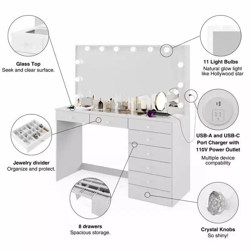 Coiffeuse Hollywood avec 12 lumières LED, 8 tiroirs, port USB, blanche, 155 cm de hauteur
