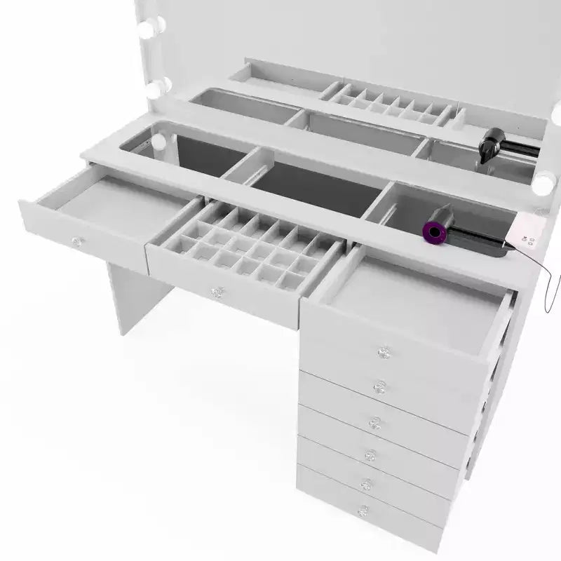 Coiffeuse Hollywood avec 12 lumières LED, 8 tiroirs, port USB, blanche, 155 cm de hauteur