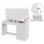 Coiffeuse Hollywood avec 12 lumières LED, 8 tiroirs, port USB, blanche, 155 cm de hauteur