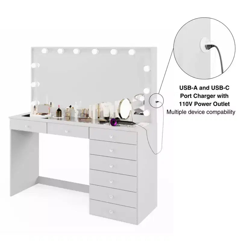 Coiffeuse Hollywood avec 12 lumières LED, 8 tiroirs, port USB, blanche, 155 cm de hauteur