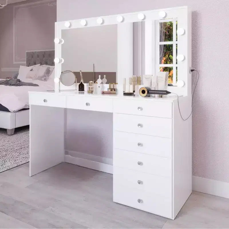 Coiffeuse Hollywood avec 12 lumières LED, 8 tiroirs, port USB, blanche, 155 cm de hauteur