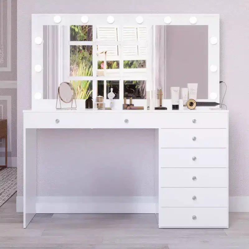 Coiffeuse Hollywood avec 12 lumières LED, 8 tiroirs, port USB, blanche, 155 cm de hauteur
