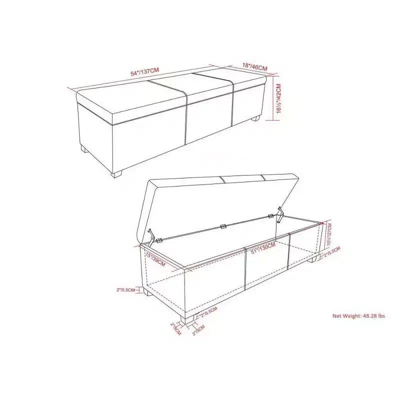 Banc ottoman de rangement extra large, en similicuir crème satiné, 54" L, 2 places