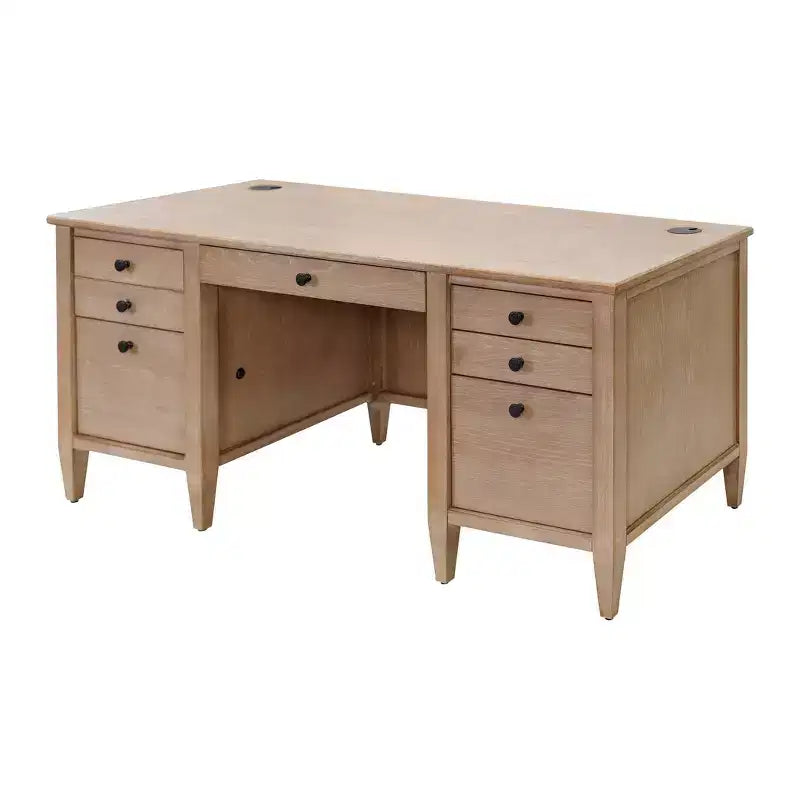 Bureau d'angle double piédestal de 168 cm avec tiroirs classeurs et gestion des câbles, aucun assemblage requis