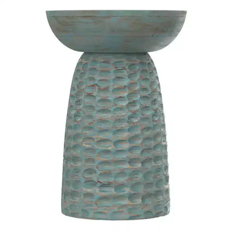 Table d'appoint ronde en bois de manguier, finition délavée sarcelle, résistante aux rayures, 45 cm de hauteur