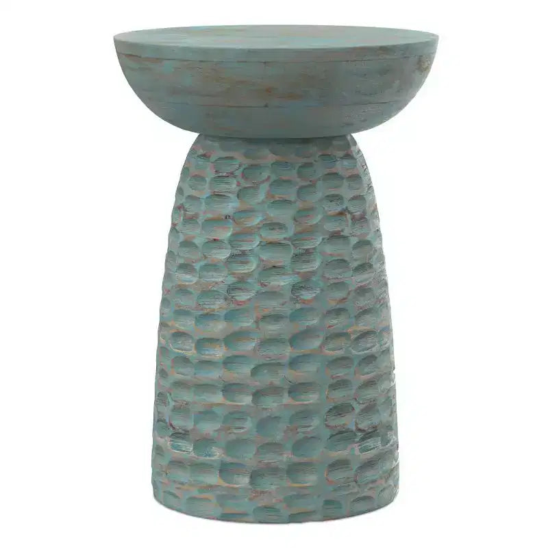 Table d'appoint ronde en bois de manguier, finition délavée sarcelle, résistante aux rayures, 45 cm de hauteur