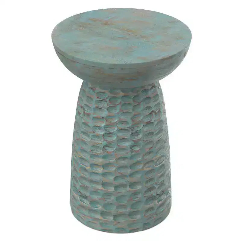 Table d'appoint ronde en bois de manguier, finition délavée sarcelle, résistante aux rayures, 45 cm de hauteur