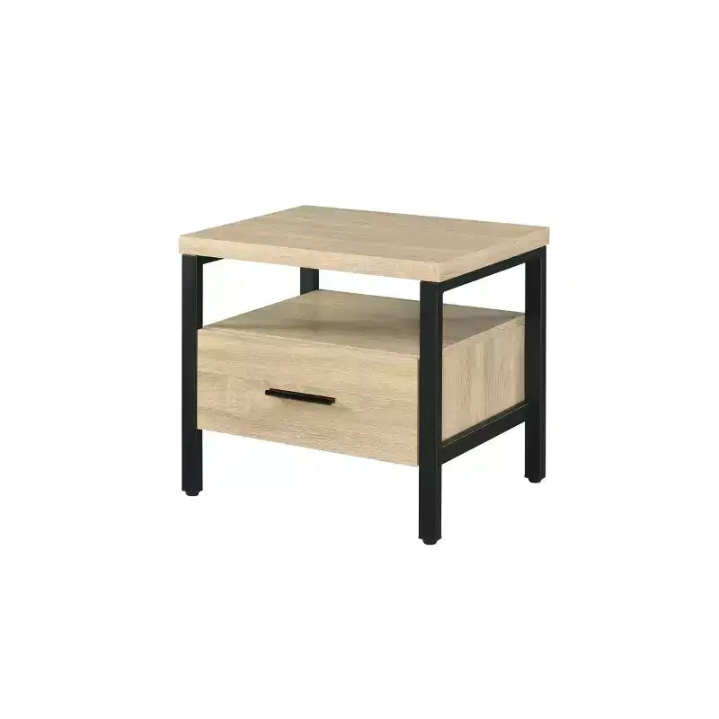 20" Yawan Accent Table Oak/Black Finish - Acme Furniture: Rectangular with Drawer, Open Shelf, Metal Glides