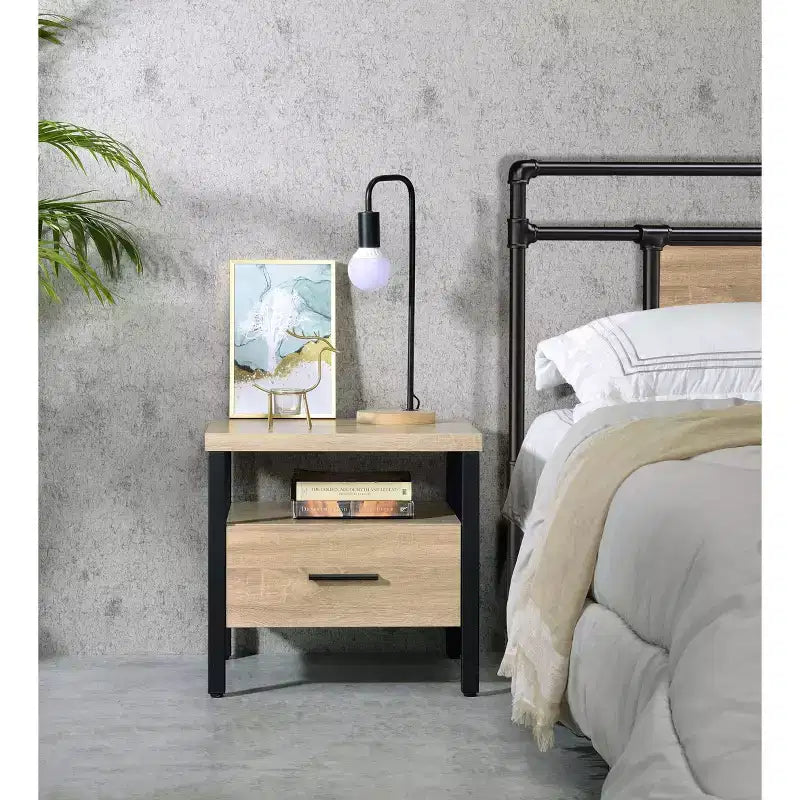Table d'appoint 20", chêne et noir, tiroir et étagère ouverte, glissières en métal, aucun assemblage requis