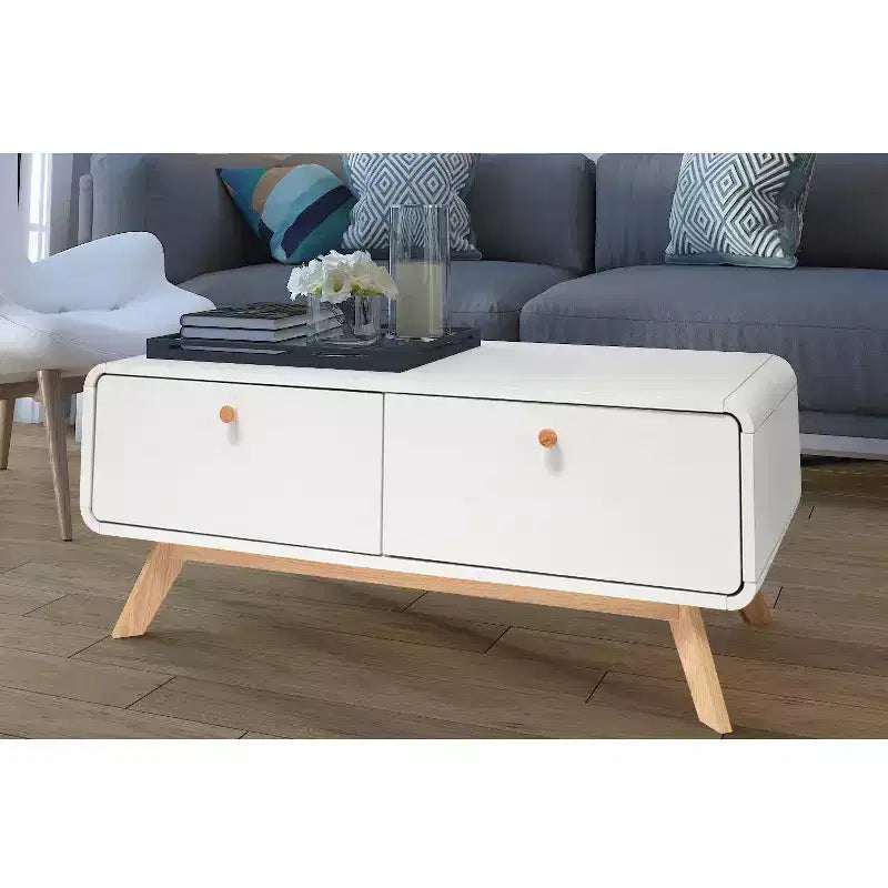 Meuble TV scandinave incurvé à 2 tiroirs, blanc