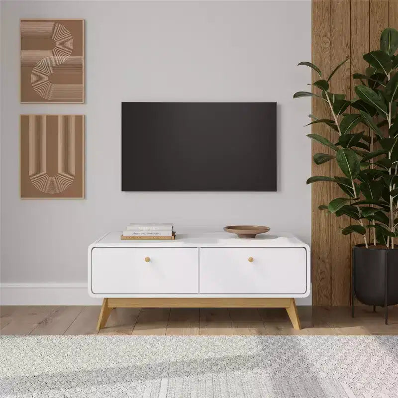 Meuble TV scandinave incurvé à 2 tiroirs, blanc
