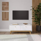 Meuble TV scandinave incurvé à 2 tiroirs, blanc