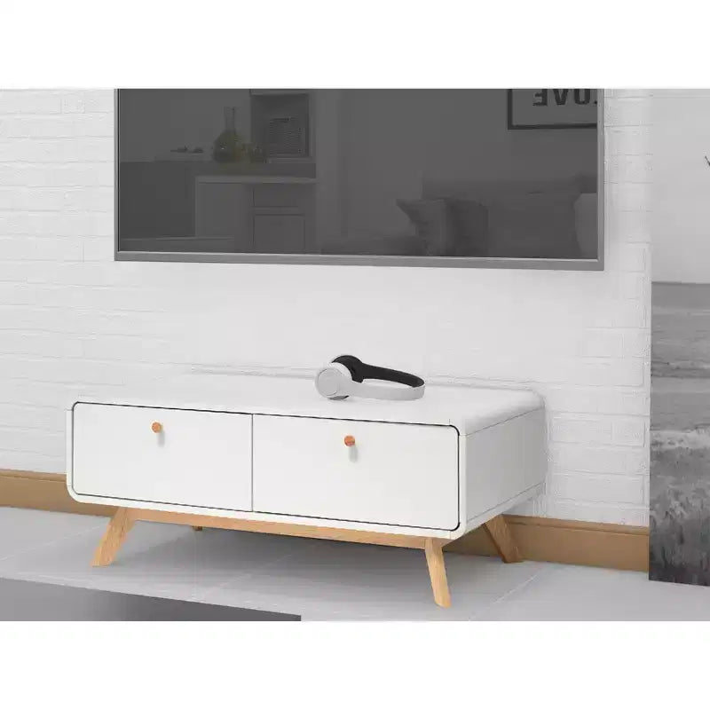 Meuble TV scandinave incurvé à 2 tiroirs, blanc