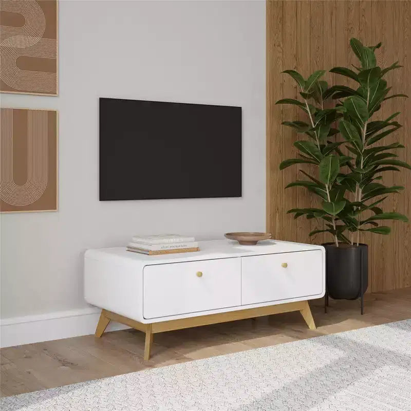Meuble TV scandinave incurvé à 2 tiroirs, blanc
