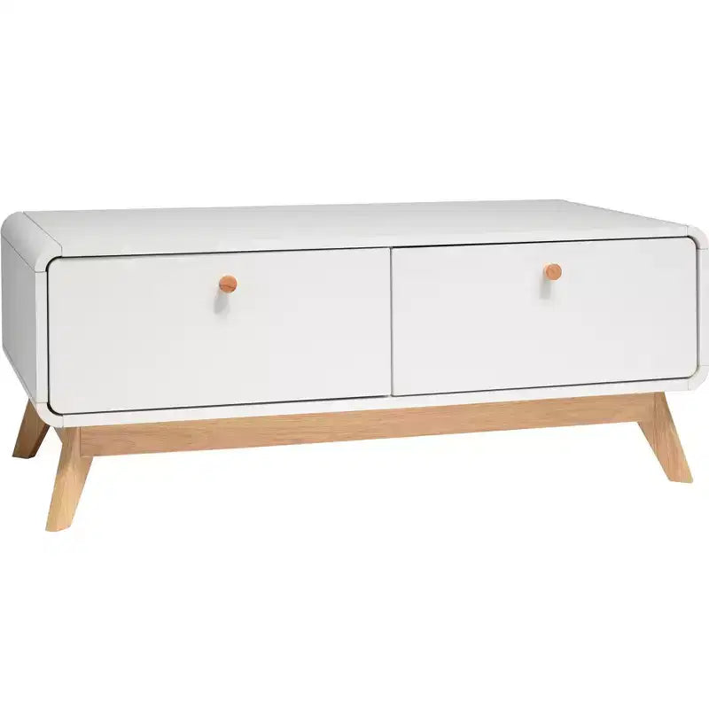 Meuble TV scandinave incurvé à 2 tiroirs, blanc