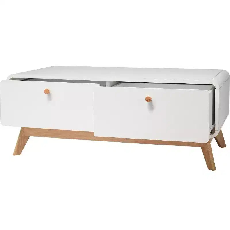 Meuble TV scandinave incurvé à 2 tiroirs, blanc