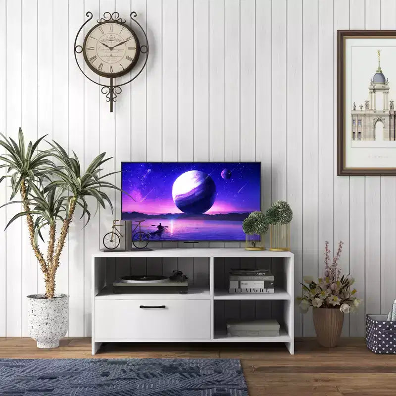 Meuble TV moderne de 41 po pour téléviseurs de 55 po, 3 compartiments ouverts, 1 tiroir, blanc, 160 lb