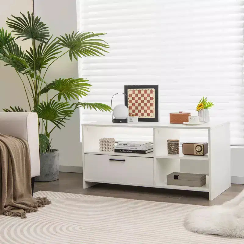 Meuble TV moderne de 41 po pour téléviseurs de 55 po, 3 compartiments ouverts, 1 tiroir, blanc, 160 lb