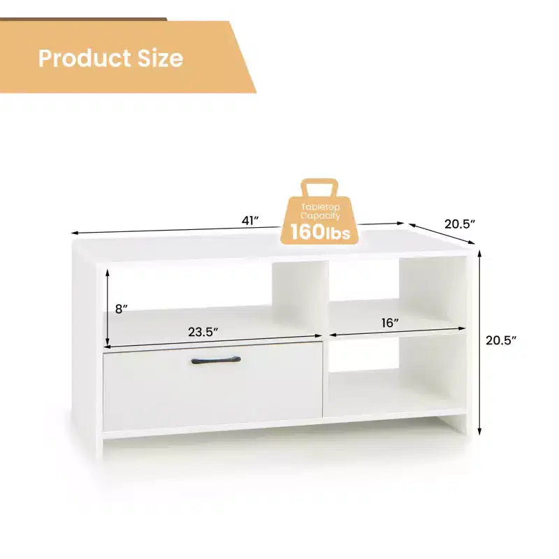 Meuble TV moderne de 41 po pour téléviseurs de 55 po, 3 compartiments ouverts, 1 tiroir, blanc, 160 lb