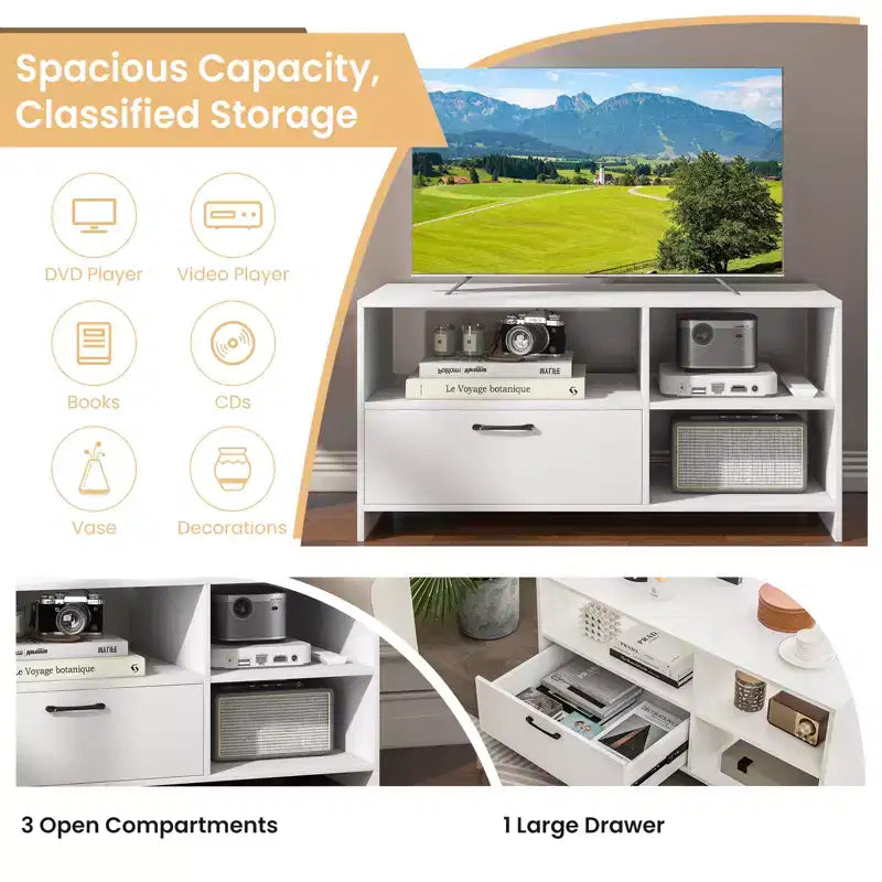 Meuble TV moderne de 41 po pour téléviseurs de 55 po, 3 compartiments ouverts, 1 tiroir, blanc, 160 lb