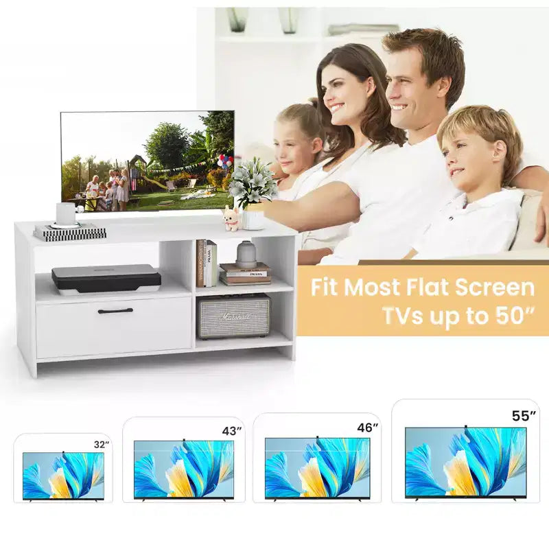 Meuble TV moderne de 41 po pour téléviseurs de 55 po, 3 compartiments ouverts, 1 tiroir, blanc, 160 lb