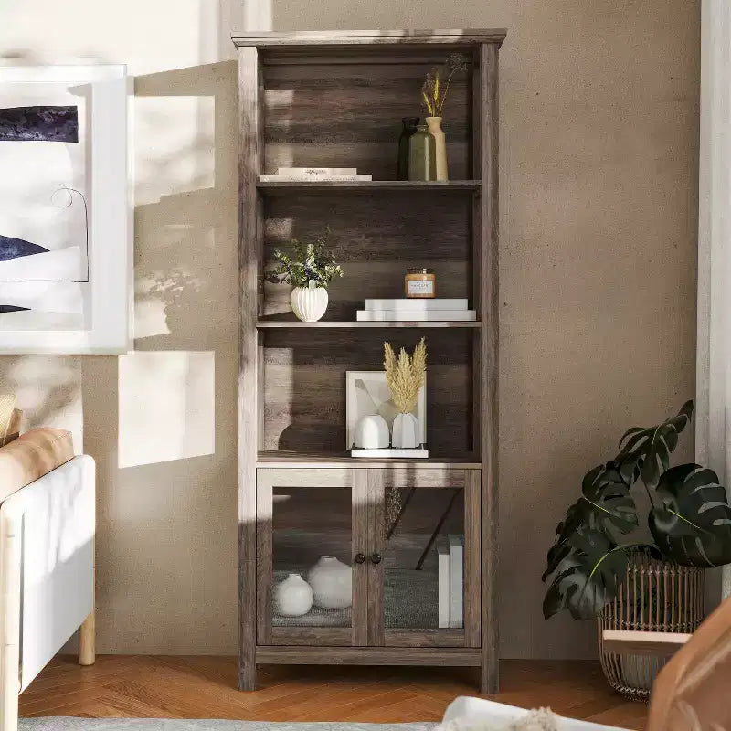 Bibliothèque de ferme moderne avec portes d'armoire en verre trempé, 3 étagères, 90 kg