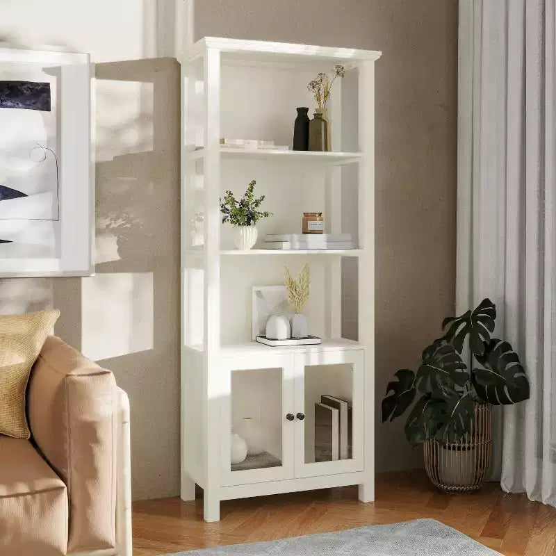 Bibliothèque de ferme moderne avec portes d'armoire en verre trempé, 3 étagères, 90 kg