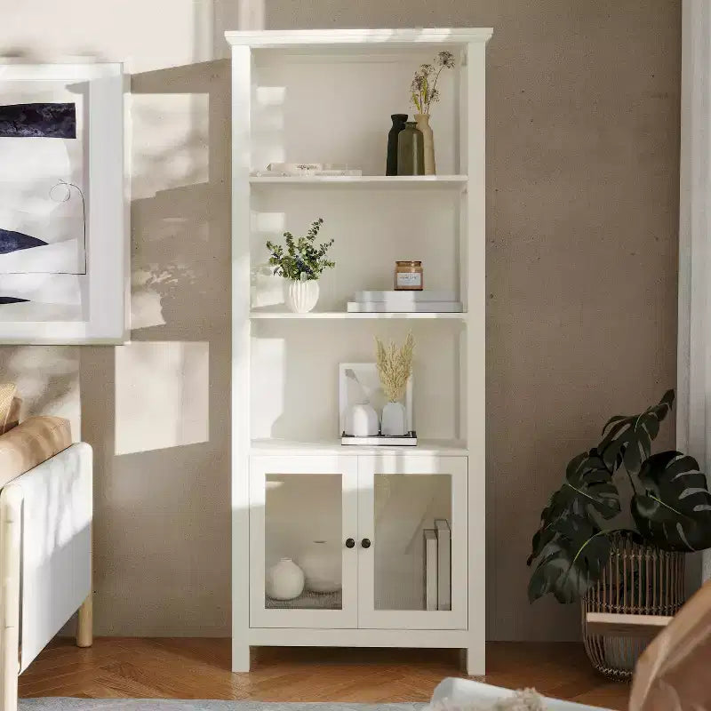 Bibliothèque de ferme moderne avec portes d'armoire en verre trempé, 3 étagères, 90 kg