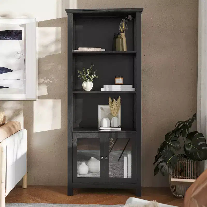 Bibliothèque de ferme moderne avec portes d'armoire en verre trempé, 3 étagères, 90 kg